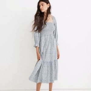 Madewell Lucie Elbow-Sleeve Smocked Midi Dress in Sunflower Field